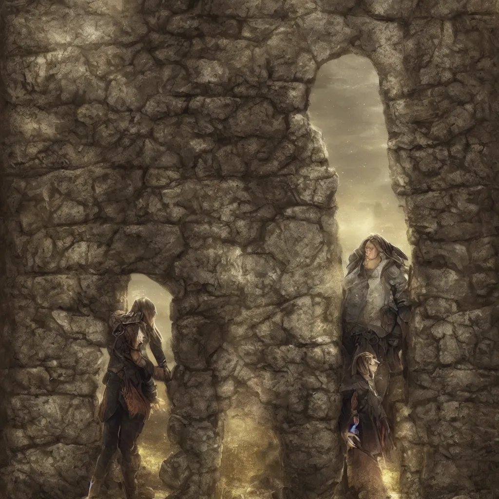 Prompt: a teenage boy standing before a stone wall, fantasy concept art, cinematic framing, cinematic lighting, movie poster art, digital art, intricately detailed, blockbuster movie art, cinematic framing