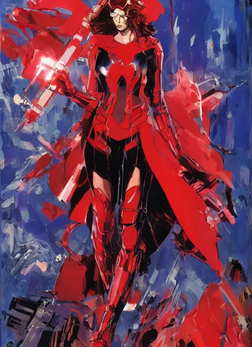 Image similar to marvel scarlet witch, wearing futuristic cybernetic battle armor, by ashley wood, yoji shinkawa, jamie hewlett, 6 0's french movie poster, french impressionism, vivid colors, palette knife and brush strokes, dutch angle