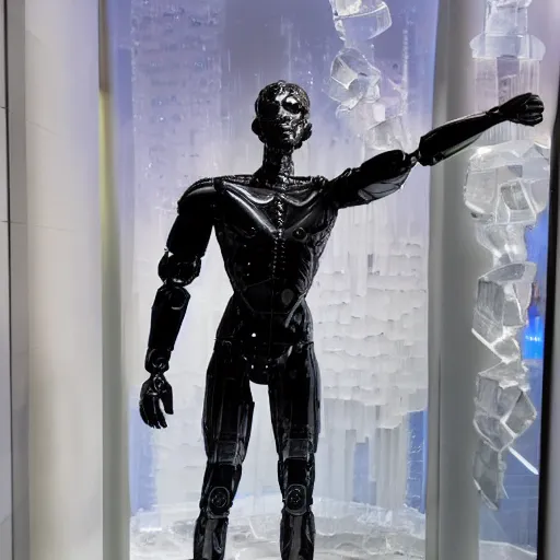 Image similar to made of ice, a realistic detailed photo of a guy who is an attractive humanoid who is half robot and half humanoid, who is a male android, on display, blank stare, showing off his muscles, shiny skin, posing like a statue, by the pool, frozen ice statue, twitch streamer / gamer ludwig, humanoid robot