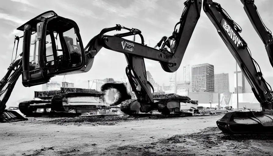 Image similar to extremely beautiful softly lit interior photo of futuristic construction equipment, excavator, backhoe, black, polished metal, gleaming, black and white corporate decals, polished concrete floor, sharp focus, clear focus, beautiful, award winning photo, extremely beautiful lighting, cinematic, modern, render, architectural, architecture, realistic, clear