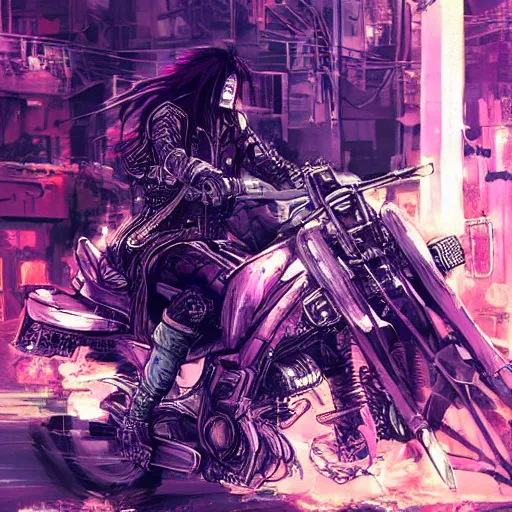 Image similar to portrait painting of a street samurai with long purple hair riding a motorcycle through a burning cyberpunk slum, glitch, concept art, intricate details, eerie, highly detailed, art by tsutomu nihei