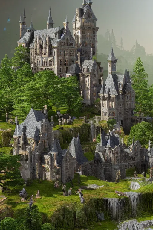 Prompt: matte painting photo of witch academy castle with many bonsai trees on the right with small waterfall, highly detailed garden in the middle, many stone statues, gothic building style, highly detailed, 4k, 8k resolution, trending on artstation, octane render.