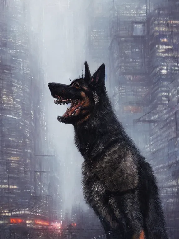 Image similar to new york city portrait of furry anthro anthropomorphic german shepard head animal person fursona wearing clothes strange cybernetic muzzle gloomy rainy cyberpunk digital art by Greg Rutkowski, Simon Stalenhag, trending on Artstation, CGSociety