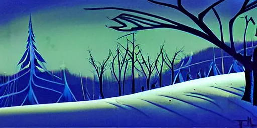 Image similar to a night landscape background, rob gonsavles, eyvind earle, nightmare before christmas