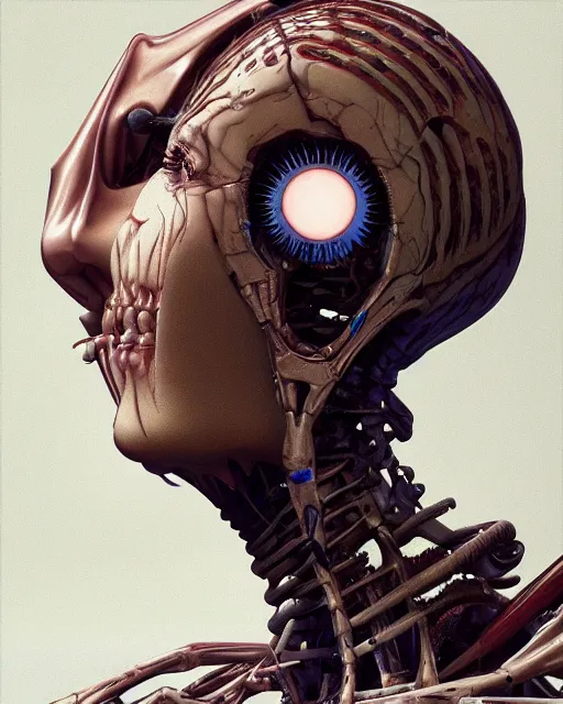 Image similar to rei ayanami by roger dean, by hr giger, biomechanical, profile portrait, hyper detailed, hyperrealism, deviantart, artstation, 4 k, highly detailed, vray rendering, unreal engine