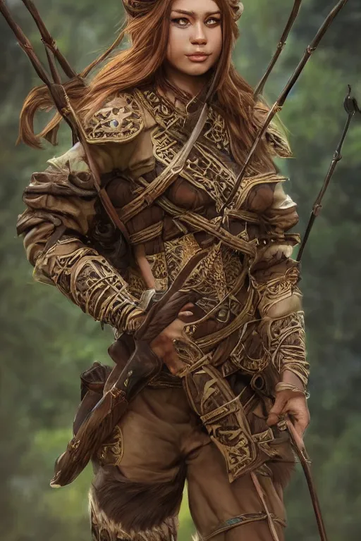 Prompt: Gorgeous Jungle Ranger, brown armor, thick bow, ornamental arrows, high fantasy, elf, brown hair, black pants, trending on artstation, artstationHD, artstationHQ, octane, realistic, enticing, intrinsic, by leng jun, by frank franzzeta