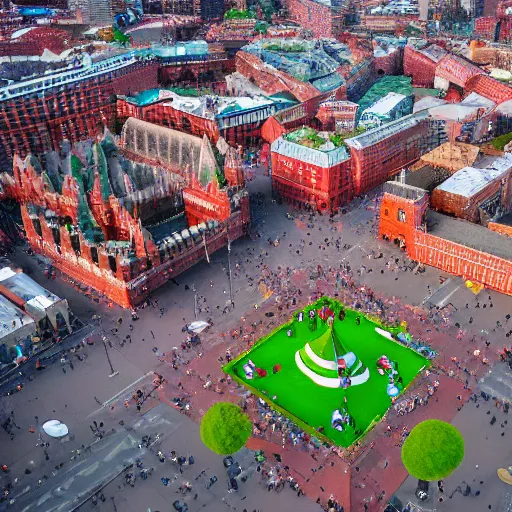 Image similar to drone photo of giant kiwi on red square, super wide shot, 1 2 mm, bokeh