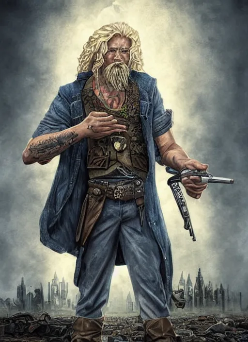 Image similar to portrait of a wizard holding a gun, the wizard has curly head and tattoos, the wizard holding a pistol points downwards, the wizard holding a pistol is only one and stands in a ruined city. by Ciryl Rolando, hyperrealistic illustration, digital art, studio lightning, very detailed faces