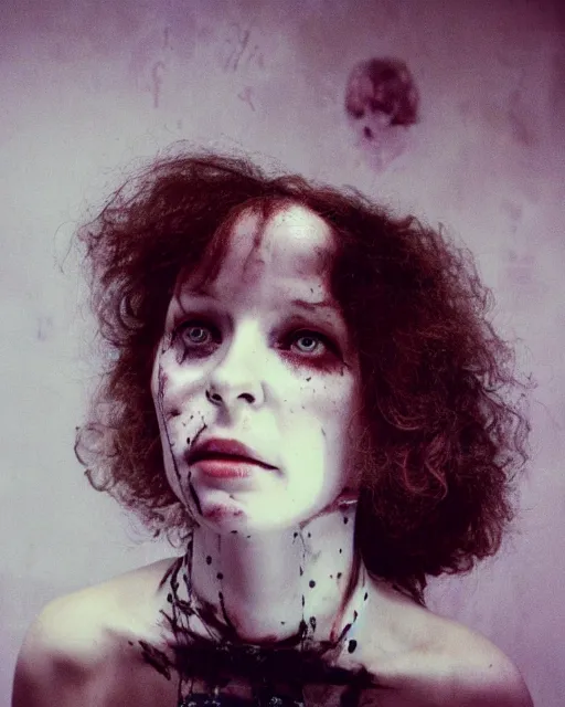 Prompt: an instant photo of a beautiful but creepy woman in dead space, with haunted eyes and curly hair, wearing a vivienne westwood collar, 1 9 7 0 s, seventies, wallpaper, a little blood, moonlight showing injuries, delicate embellishments, painterly, offset printing technique, by mary jane ansell