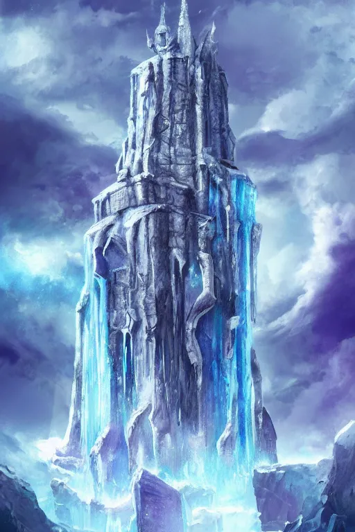 Image similar to elaborate surreal tower of stone and ice extending down from the skies, concept art, blue and purple coloring, 4k