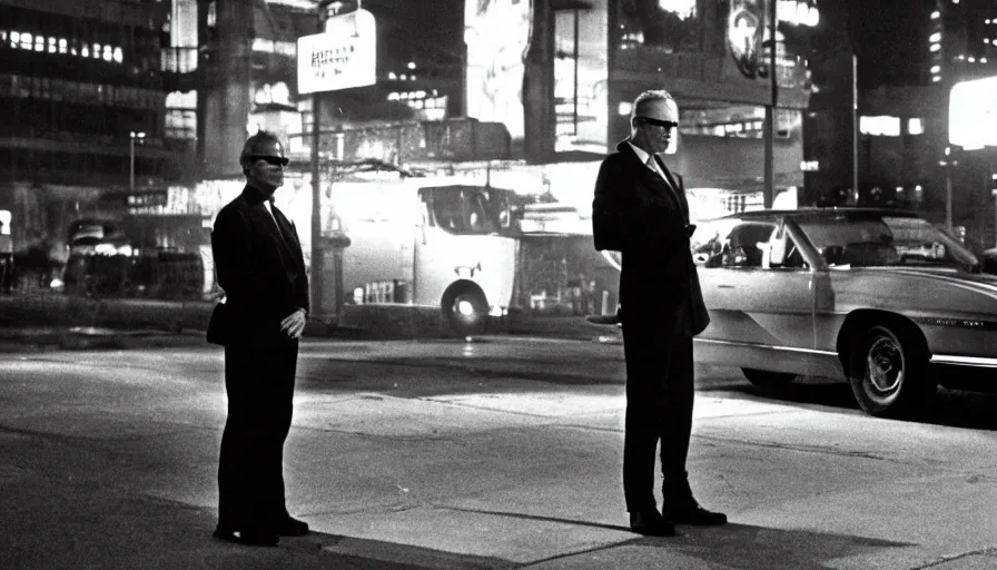 Prompt: peter weller cyborg cop, standing under a street lamp at night in downtown future detroit. leaning against a futuristic police car. criterion collection, movie still. 7 0 mm. imax. film.