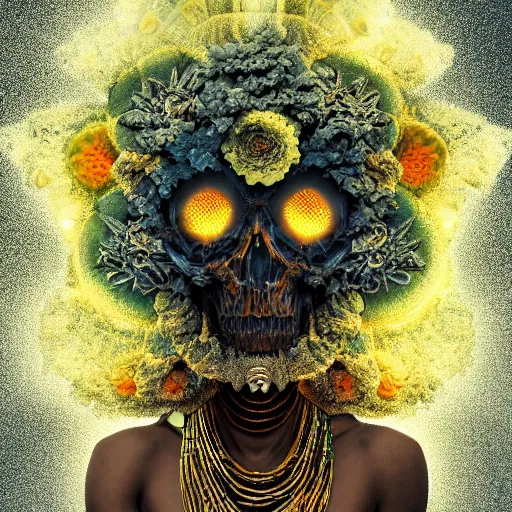 Prompt: a golden skull face african electric shaman with an afro made of flowers, third eye art art by machina infinitum, complexity from simplicity, rendered in octane, mandelbulb 3 d, ambient occlusion, macro photography