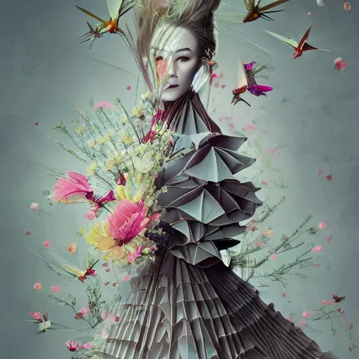 Image similar to long shot of a beautiful girl wearing an origami dress, eye - level medium shot, fine floral ornaments in cloth and hair, hummingbirds, elegant, by eiko ishioka, givenchy, by peter mohrbacher, centered, fresh colors, origami, fashion, detailed illustration, vogue, japanese, reallusion character creator