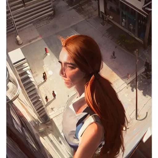 Image similar to woman, city, looking down, street top view, by wlop, artgerm, greg rutkowski