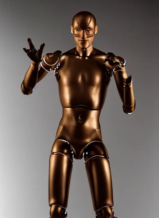 Prompt: a humanoid robot with an adult male human looking face is the statue david by michelangelo, polaroid, flash photography, photo taken in a dark storage room where you can see empty shelves in the background,