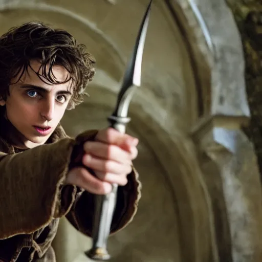 Prompt: action 7 0 mm photo of timothy chalamet as a stealthy hobbit assassin with a poisoned dagger, photo by philip - daniel ducasse and yasuhiro wakabayashi and jody rogac and roger deakins