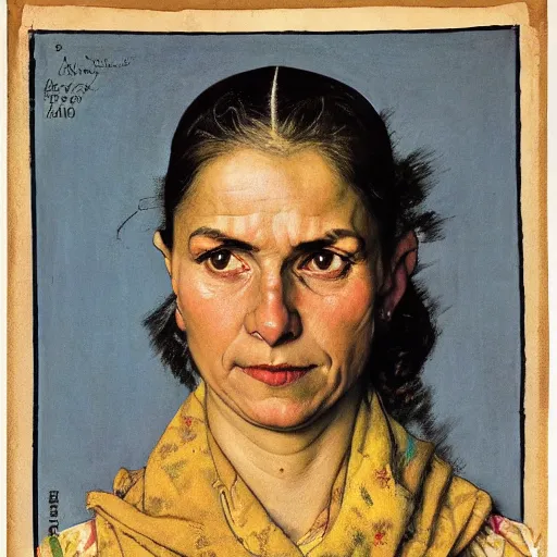 Prompt: frontal portrait of a woman wearing a kasa, by norman rockwell