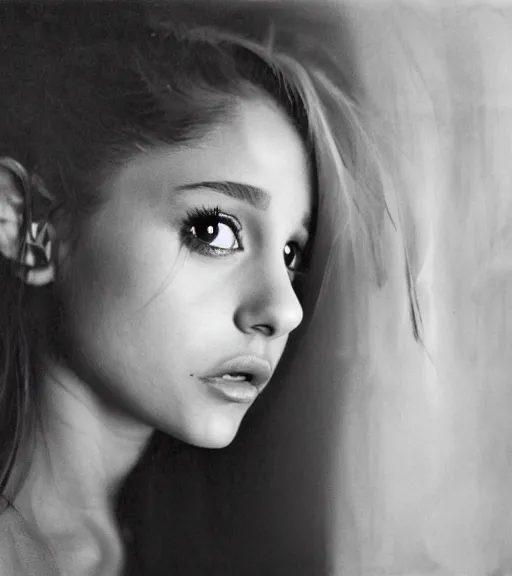 Image similar to award winning photo of Ariana Grande, symmetrical face by Sally Mann