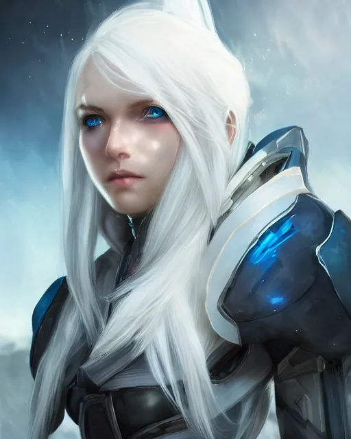 Image similar to perfect white haired girl, warframe armor, beautiful, pretty face, blue eyes, detailed, windy weather, scifi, platform, laboratory, experiment, 4 k, ultra realistic, epic lighting, high detail, masterpiece, by akihito tsukushi, charlie bowater, ross tran