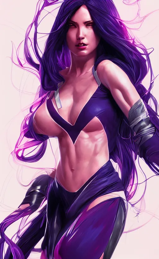 Image similar to psylocke, highly detailed, digital painting, artstation, standing, facing camera, concept art, smooth, sharp focus, illustration, art by artgerm and alphonse mucha, high definition digital art, dramatic lighting, in the style of ilya kuvshinov and Ross tran