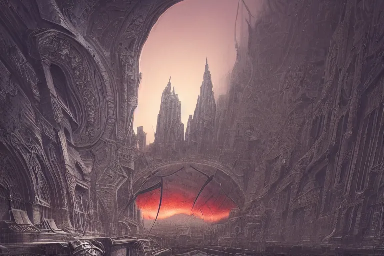 Image similar to sci - fi concrete alien eldritch baroque rococo gothic architecture in hell, babylonian, ziggurat, city, zaha hadid, beksinski, wayne barlowe, oil painting, photoreal, highly detailed, 8 k, hd, vray, artstation, cinematic matte painting, extreme detail photo quality, sunset, featured on behance