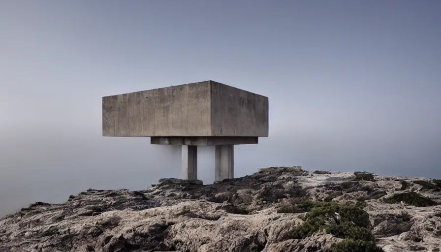 Image similar to military brutalist base perched on a cliff overlooking a magnificient bay, drawing architecture, fog horizon, pritzker architecture prize, greig fraser