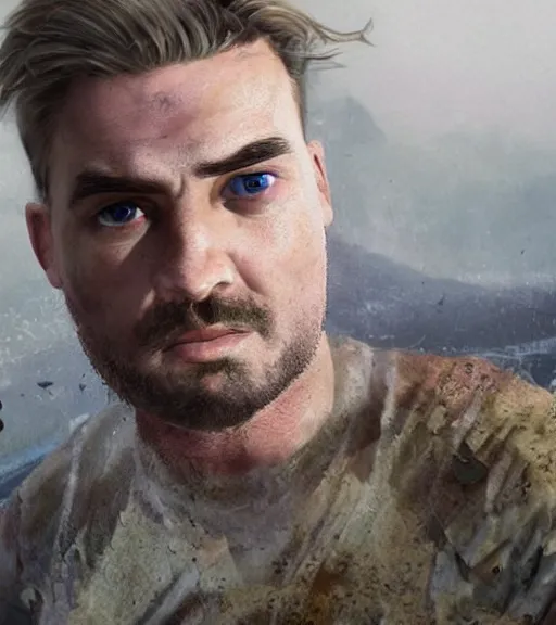 Image similar to portrait of muscular, tired and alcoholic 3 0 - year - old grieving man with short darkblonde hair, serious sad look in his eyes, looking down, dirty beard, blue eyes, crying tears, wearing dirty soldier uniform, on the desert, sad atmosphere, hyper realistic face, character art, art by mark brooks, cryengine, trending on artstation, digital art