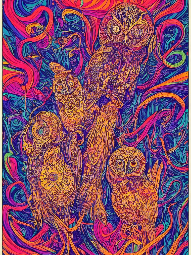 Prompt: beautiful colorful hyperrealist highly detailed psychedelic music poster'the electric owls live at the fillmore ', symmetrical full body, beautiful high contrast woodcut, moebius and charles burns comic style, shocking detail trending on artstation 8 k