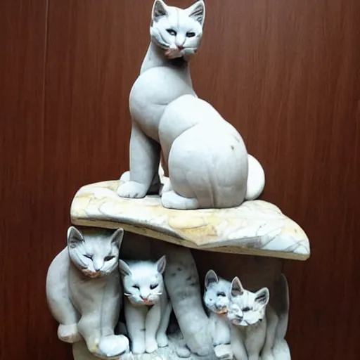 Image similar to large marble statue of cute kittens at cute kitten championship displaying their cuteness