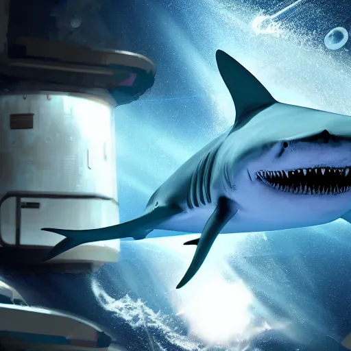 Image similar to anthropomorphic shark wearing a security uniform, floating in a space station, sci-fi, digital art, high resolution