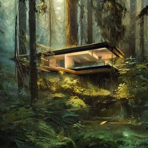 Prompt: lush cascadian forest, futurist house, greg rutkowski