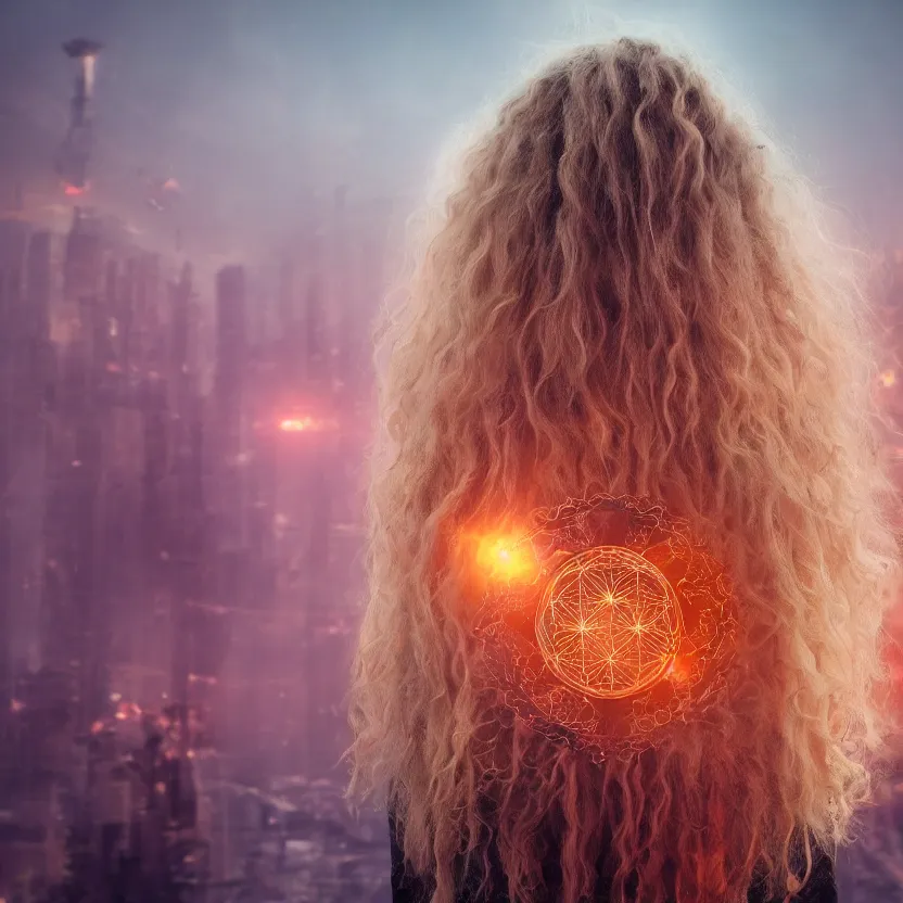 Image similar to closeup portrait of a beautiful guard with wavy blonde hair seen from the back in front of a dystopian (orange fog) merkabah flower of life cyberpunk ultra realistic 4K