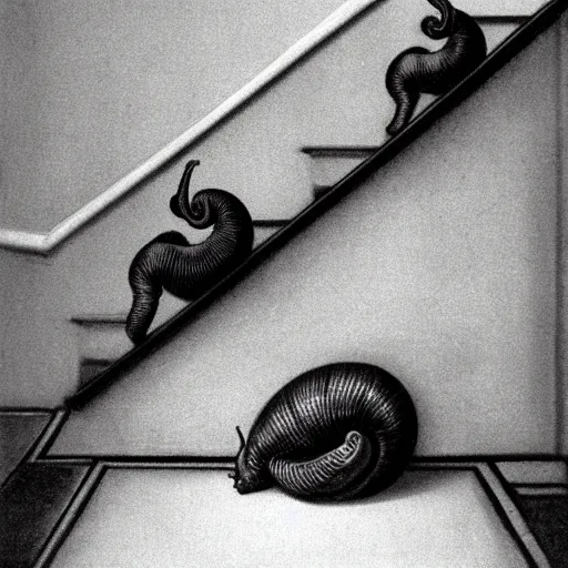 Image similar to snails on the stairs in style of vilhelm hammershoi