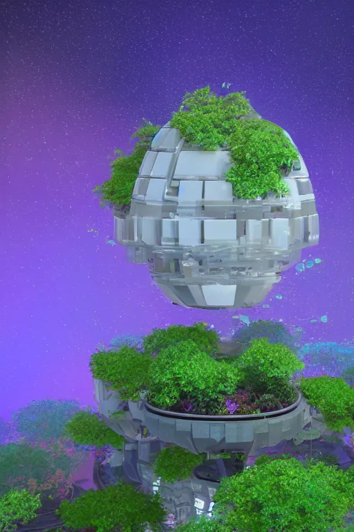 Image similar to multi level botanical garden spaceship floating in space, calm, tranquil, faded effect, detailed, vaporwave colors, render by substance designer