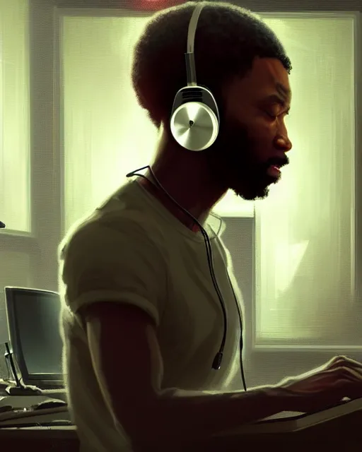 Image similar to light skin black man with headphones at his home studio producing music late at night, very detailed, 4 k, concept art like ernest khalimov, intricate details, highly detailed by greg rutkowski, ilya kuvshinov, gaston bussiere, craig mullins, simon bisley