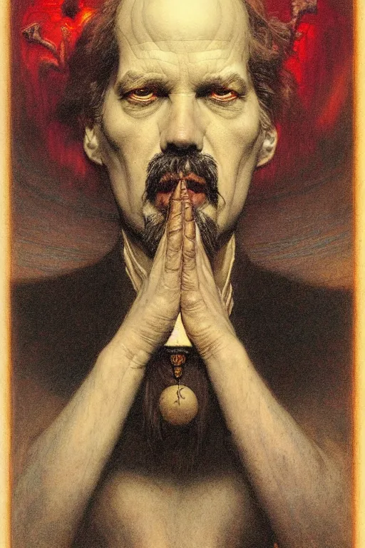 Image similar to occult art portrait of john whiteside parsons by wayne barlowe, gustav moreau, goward,  Gaston Bussiere and roberto ferri, santiago caruso, and austin osman spare