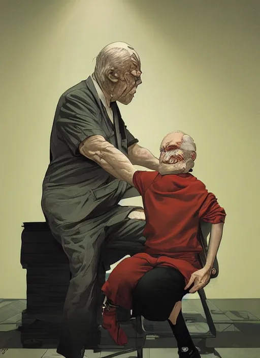 Prompt: poster artwork by Michael Whelan and Tomer Hanuka, Karol Bak of a old man transferring his soul into a young boy, sitting in the board room, from scene from Twin Peaks, clean