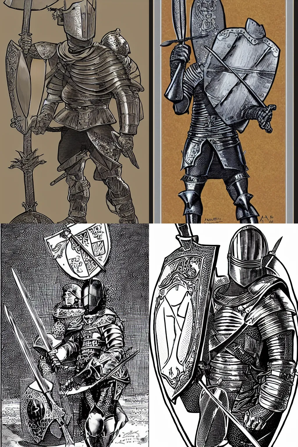 Prompt: A knight holding a sword and shield by Arthur Adams