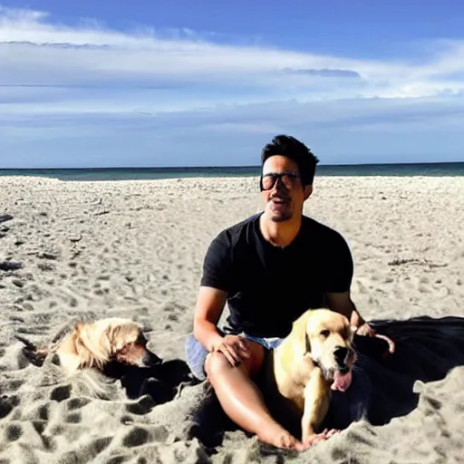 Prompt: markiplier sitting on the beach with a golden retriever. photograph. low angle. high quality.