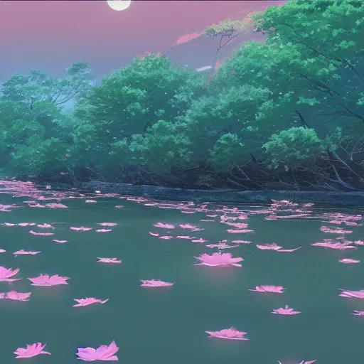 Prompt: A beautiful and tranquil scene of a river at night with sakura petals floating downstream underneath a bright moon, by Makoto Shinkai and Hayao Miyazaki, 4k, trending on artstation
