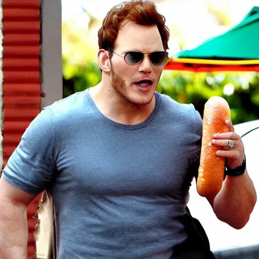 Prompt: Chris Pratt eating a hot dog