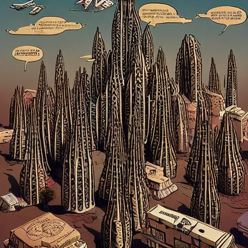 Image similar to comic strip, axonometric dignified by chesley bonestell, by iris van herpen. a experimental art of a city made entirely out of kulich, a traditional russian easter bread. the city is bustling with activity. the experimental art is playful & whimsical, with a touch of magic.