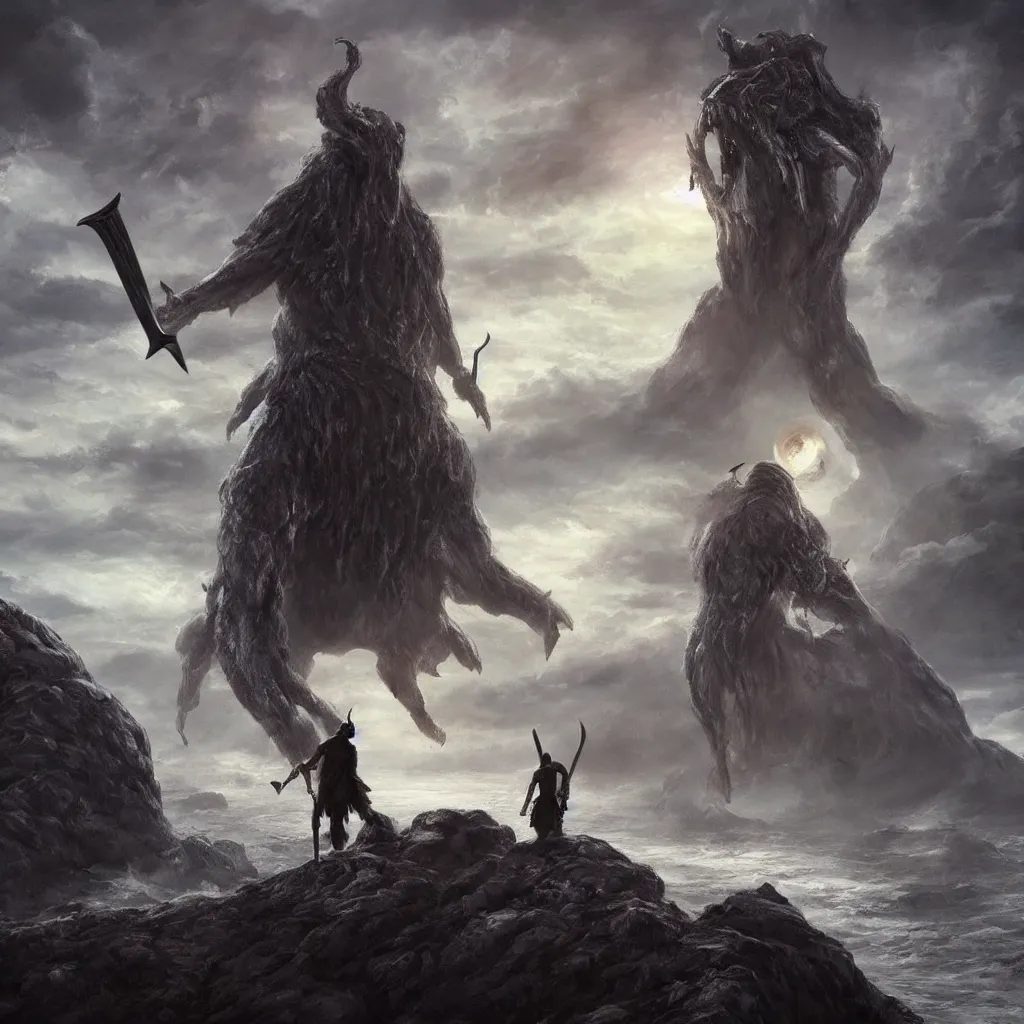 Image similar to a man holding a sword looking out over a cliff while a large lovecraftian monster looms over him darkening the setting sun behind him , hyper realistic ,gloomy, horror, scary, nightmare