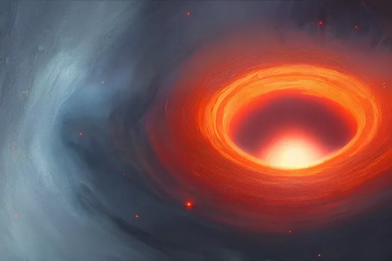 Image similar to a beautiful oil painting of the event horizon of a black hole, orange, warping, detailed, beautiful, awe - inspiring, bright, by greg rutkowski, trending on artstation