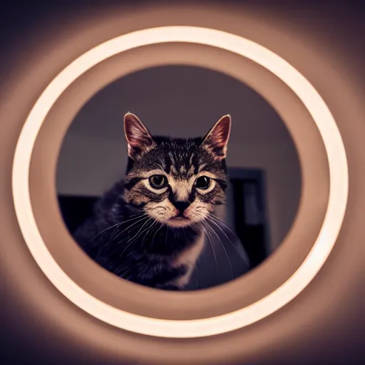 Prompt: infinity mirror reflecting a small cat, 4k, 40nm lens