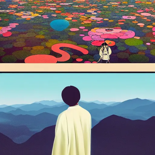 Image similar to a man walking on clouds away from the camera above kyoto by takashi murakami, beeple and james jean, aya takano color style, 4 k, super detailed, modern, 4 k, symmetrical