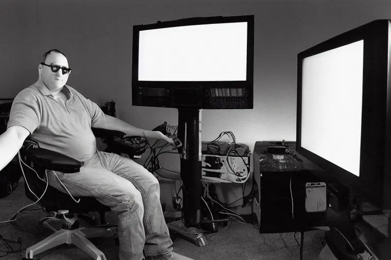 Image similar to large man with a robot arm sitting in a gamer chair, from 1999, bathed in the glow of a crt television, crt screens in background, low-light photograph, in style of terry richardson