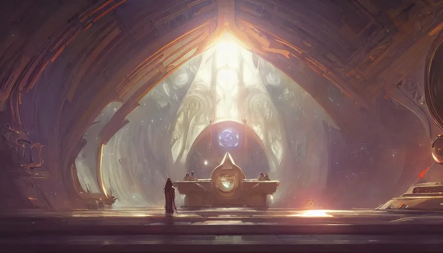 Prompt: a religious scifi room with a floating platform in the center, intricate digital painting artstation concept art smooth sharp focus illustration, art by artgerm and greg rutkowski and alphonse mucha