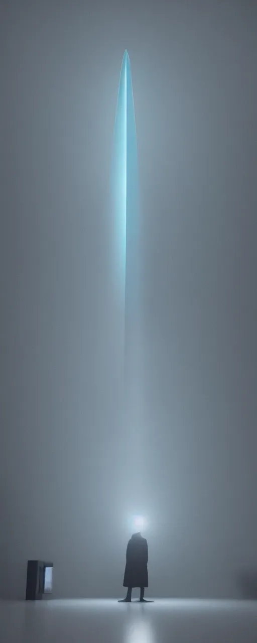 Image similar to Art gallery filled with fog and in the middle of the room stands an obelisk with blue light emitting from it. Octane Render, Unreal engine, Realism, Detailed, 8k, V-Ray
