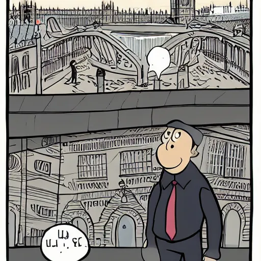 Image similar to a middle aged man explores london, cartoon
